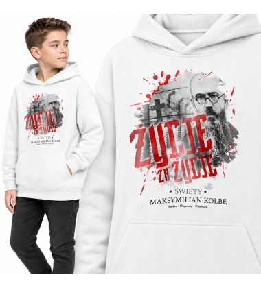 Bluza z kapturem dziecięca Patriotyczna MAKSYMILIAN KOLBE BIAŁA
